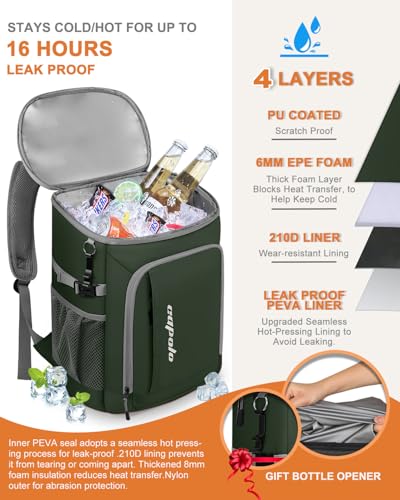 Cooler Backpack Insulated Leak Proof for Women Men Soft Cooler Bag (36 Cans / Leather Green)
