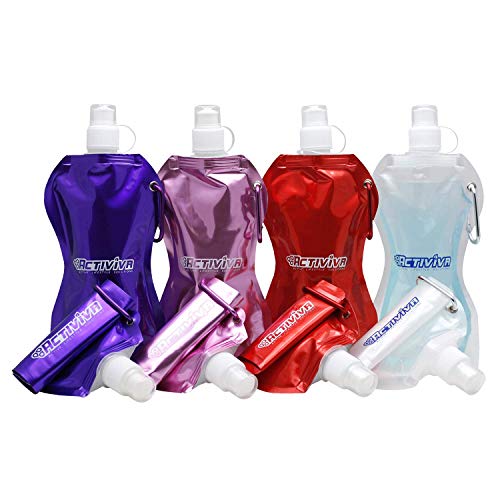 USA Merchant Collapsible Reusable Water Bottle with Carabiner Clip Light Weight Leak Proof Foldable Drinking Water Bottle Non Toxic BPA Free (Pink,Purple,Red,Clear)
