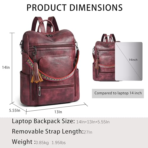Vegan Leather Laptop Backpack for Women 15.6 inch Work Backpack Fashion Travel Backpack Purse for Business College (Two-tone Maroon)