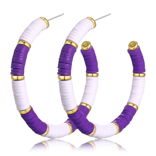 Game Day Earrings Football Baseball Earrings for Women Sports Team Heishi Hoop Earring Football Accessories Outfits Cheer Mom Essentials Fall Sports Must Haves Cheer Gifts (Purple White)