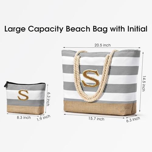 Beach Bag Initial Beach Tote with Makeup Bag for Travel Work Storage Personalized Birthday Gifts for Women Her (Light Grey / S)