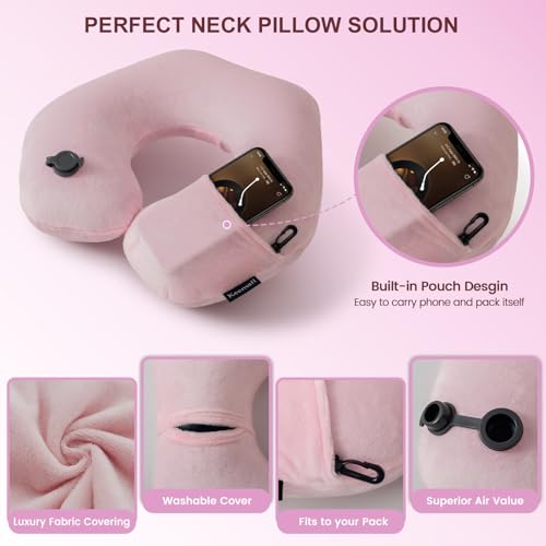 Inflatable Travel Neck Pillow for Airplane to Relieve Neck Pain (Soft Pink / Medium)