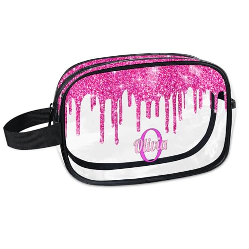 Custom Name Transparent Makeup Bag Travel (Deep Pink)
