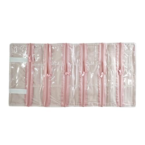 Travel Jewelry Roll Bag Portable Organizer Pouch With Grids&PVC Cover Storage Bags for Necklace (Light Pink Velvet 18 Grids)