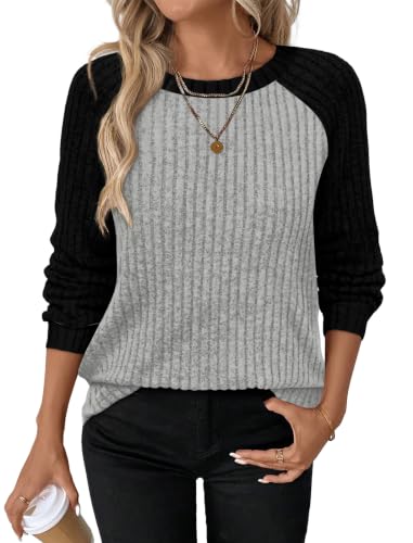 Womens Tops Long Sleeve Shirts Sweaters for Women Fall Teacher Outfits (Small / Black Grey)