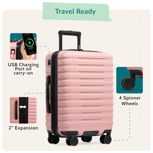 Boren Expandable Hardside Rugged Travel Luggage with 8 Spinner Wheels (2-Piece Set, USB Port in Carry-On / Pink)