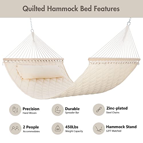 Heavy Duty Hammock with Spreader Bars and Detachable Pillow (2 Person Without Stand / Cream)