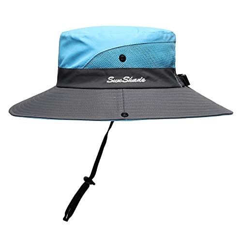 Womens Summer Sun Hat Beach Hat Wide Brim Outdoor UV Protection Hat Foldable Cool Mesh Ponytail Bucket Hat (6-7 / Sky Blue-gray)