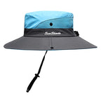 Womens Summer Sun Hat Beach Hat Wide Brim Outdoor UV Protection Hat Foldable Cool Mesh Ponytail Bucket Hat (6-7 / Sky Blue-gray)