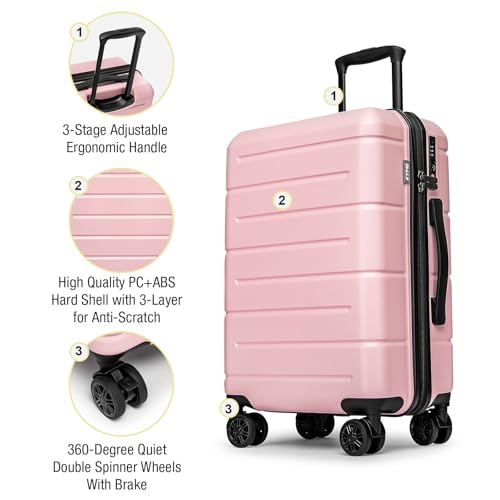 Carry On Luggage 22x14x9 Airline Approved Hardshell Carry On Suitcases with Wheels Travel Rolling 20 Inch Luggage with Cup Holder for Women (Light Pink / Carry-On 22-Inch（non-expandable）)
