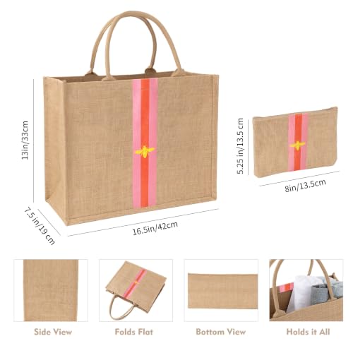 Large Beach Bag Jute Woven Pink and Red. Beach Bags for women. Versatile tote use as a Pool bag or Work tote (Red)