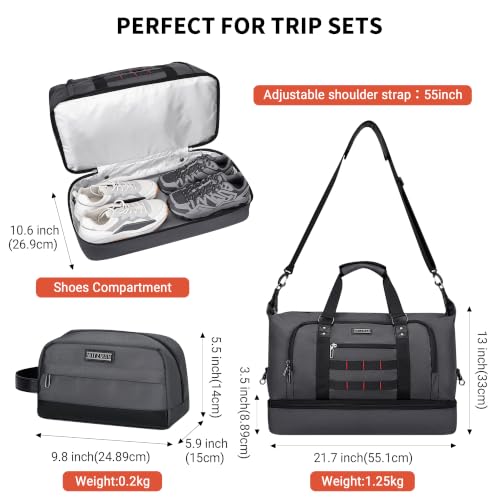 Travel Duffle Bags for Men Weekender Bags with Toiletry Bag Sets Carry On Overnight Bag 55L （B696 Silvery Grey） (Silvery Grey)