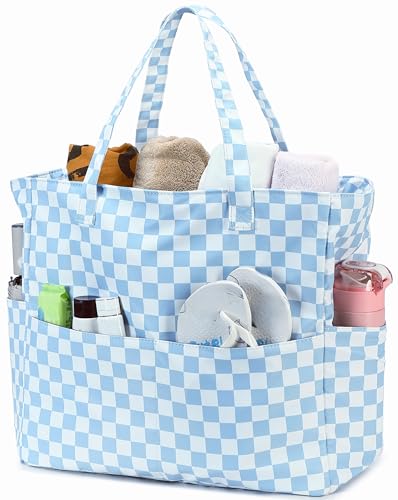Beach Bag Waterproof Sandproof Women Beach Tote Bag Pool Bag with Zipper for Gym Grocery Travel with Wet Pocket (Light Blue White)