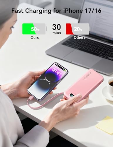 Portable Charger Power Bank 10000mAh with Built in Cables & Wall Plug (Light Pink)
