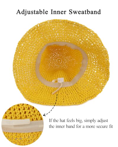 Womens Crochet Straw Sun Hat Foldable Floppy Wide Brim Beach Hat for Summer (One Size / Yellow)