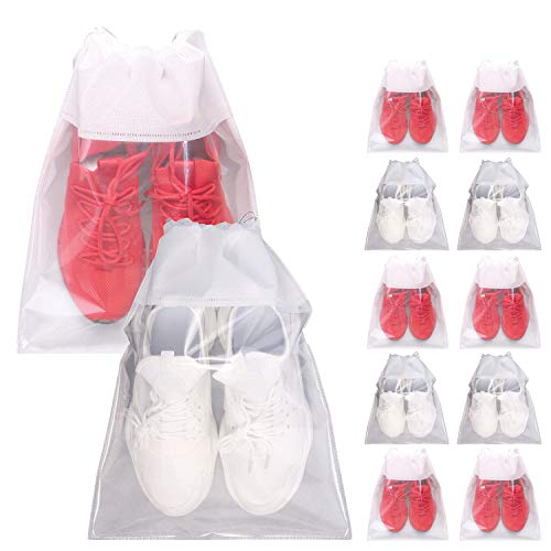 12 Pack Portable Shoe Bags for Travel Large Shoes Pouch Storage Organizer Clear Window with Drawstring for Men and Women White (White)