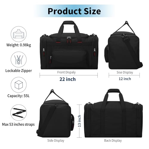 55L Gym Sport Duffle Bag for Men (Black / 22 inch)
