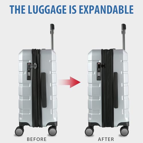 Hardside Expandable Carry On Luggage with Spinner Wheels & Built (Silver Grey)