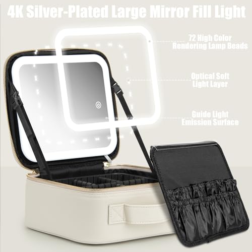 Makeup Travel Train Case with Mirror LED Light 3 Adjustable Brightness Large Cosmetic Bag Portable Storage Adjustable Partition Waterproof Make up Brushes Makeup Jewelry Gift for Women (Light Gray)