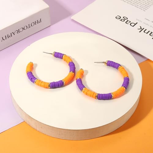 Game Day Earrings Football Baseball Earrings for Women Sports Team Heishi Hoop Earring Football Accessories Outfits Cheer Mom Essentials Fall Sports Must Haves Cheer Gifts (Orange Purple)