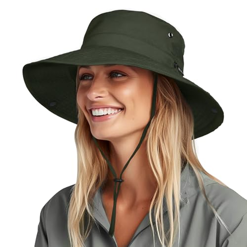 Sun Hats for Women Ponytail Wide Brim Summer Packable Cowboy Hat (One Size / Army Green)