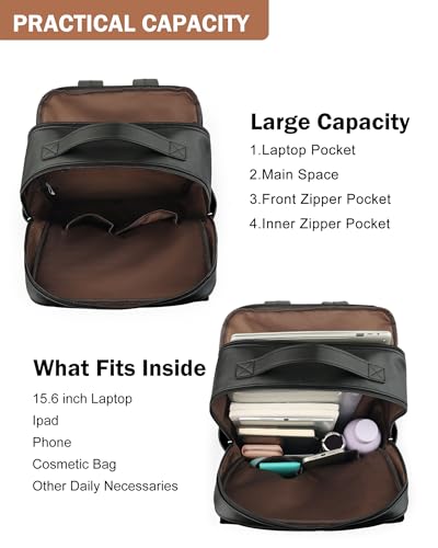 15.6 inch PU Leather Laptop Backpack Purse for Women (Black)
