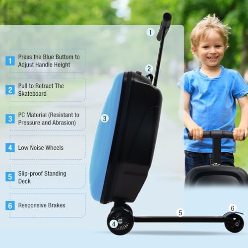2-in-1 Ride-On Scooter Suitcase for Kids & Adults, 20” Foldable Hardshell Carry-On Luggage for Travel, Lightweight Kids Scooter Bag with Wheels (Blue)