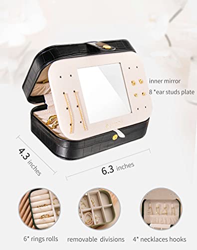 Travel Jewelry Organizer Boxes for Women Small Portable Necklace Earrings Bracelet Rings Travel Case Best Friend Birthday Gifts for Women Trendy (15_Crocodile_Black_Big)