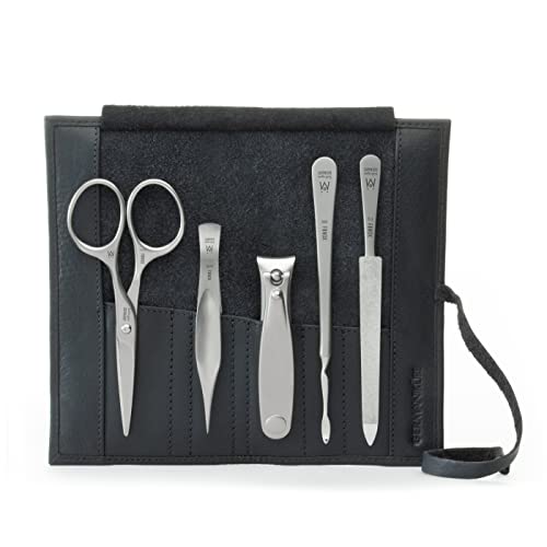 5pc Men's Grooming Set (5-Pc: Clipper, Mustache Scissors, Tweezer / Black Leather Roll)