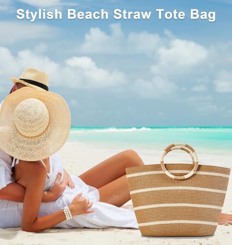 each Bags for Women Straw Tote Bag Summer Beach Bag Large Woven Straw Tote for Vacation Holiday (Kahaki)