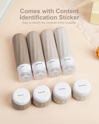 Travel Bottles for Toiletries 8 Pack (3 Ounce bottle 1 Ounce jar / Brown)