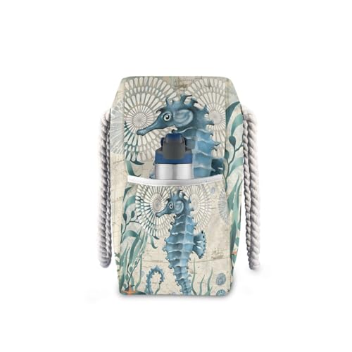 Large Beach Bags Totes Canvas Tote Shoulder Bag Soft Wave Water Resistant Bags for Gym Travel Daily Ocean (Ocean Seahorse Vintage)