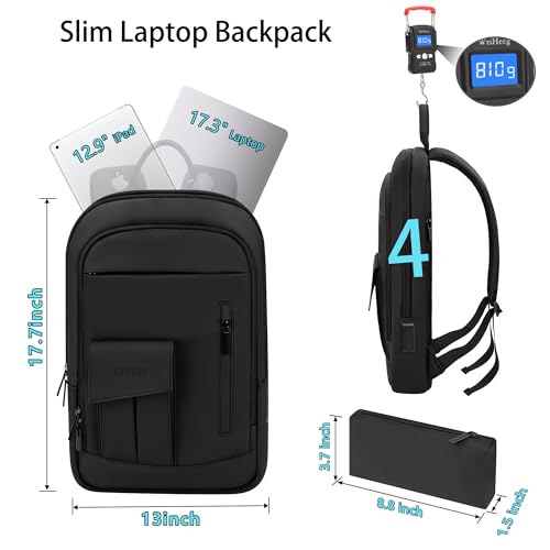 Business Backpack for Men Slim Lightweight Laptop Backpack for 17.3 Inch Computer Water Resistant Small Office Backpack for Commute Travel Daily Office Work with Small Bag (17.3" / With Pocket / Black)