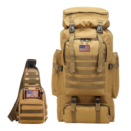 80L 2Pcs Hiking Backpack for Men with Sling Tactical Backpack (Black / Outdoor)
