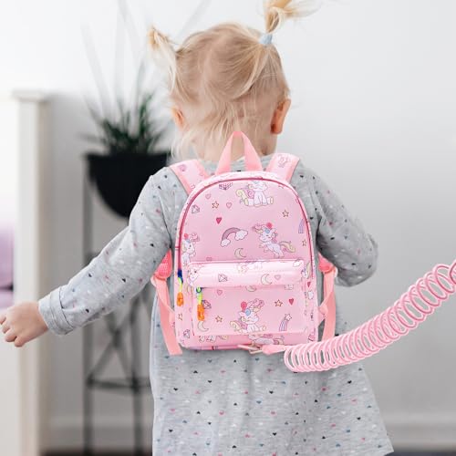 Toddler Backpack Leash with Anti Lost Wrist Link (Pink/Unicorn, Pink Link)