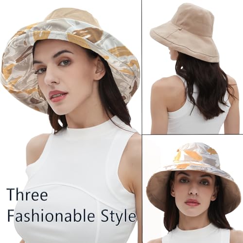 Womens Sun Hats Wide Brim Reversible Bucket Cotton Hat Packable Summer Travel Cap with Hat Clip (Medium / Khaki2)