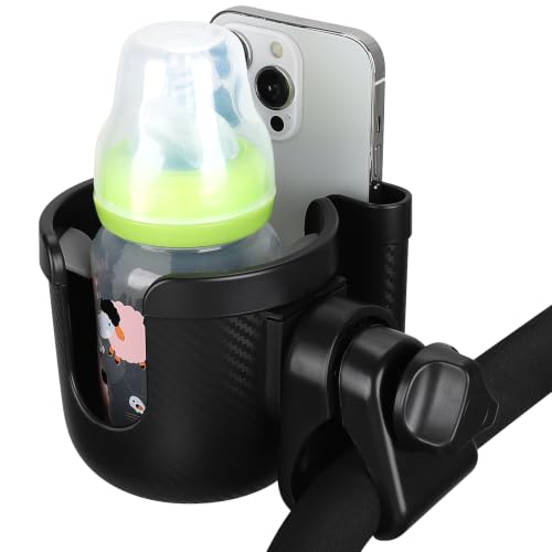 Stroller Cup Holder with Phone Holder (All Black Carbon Fiber Texture)