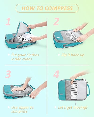 6 Set Compression Packing Cubes for Travel (Cyan / Set of 6)