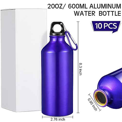 10 Pcs Aluminum Water Bottle 20 oz Reusable Bottles Lightweight Leak Proof Aluminum Sports Travel Bottles with Twist Cap Buckle for Gym (Blue)