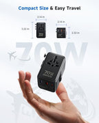 70W GaN Universal Travel Adapter with USB (Dark Black)