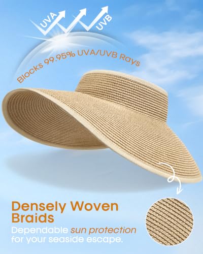 Womens Sun Visor Hats Wide Brim Straw Beach Hat UV Protection Ponytail Packable Beach Vacation Essentials (Mix Beige / One Size)