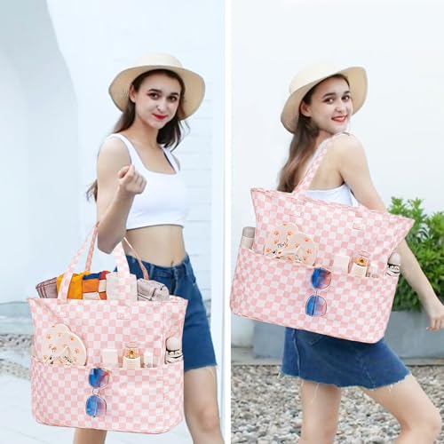 Waterproof Beach Tote Pool Bags for Women Ladies Extra Large Gym Tote Carry On Bag With Wet Compartment for Weekender Travel (Checked Pink White)