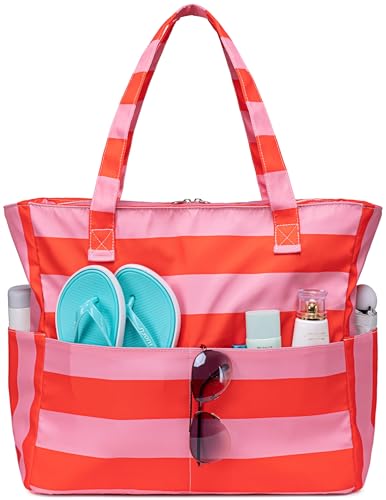 Waterproof Beach Tote Pool Bags for Women Ladies Extra Large Gym Tote Carry On Bag With Wet Compartment for Weekender Travel (Rose Pink Stripe)