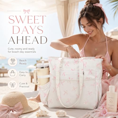 Waterproof Beach Tote Pool Bags for Women Ladies Extra Large Carry On Bag With Wet Compartment for Weekender Travel (Coquette Pink)