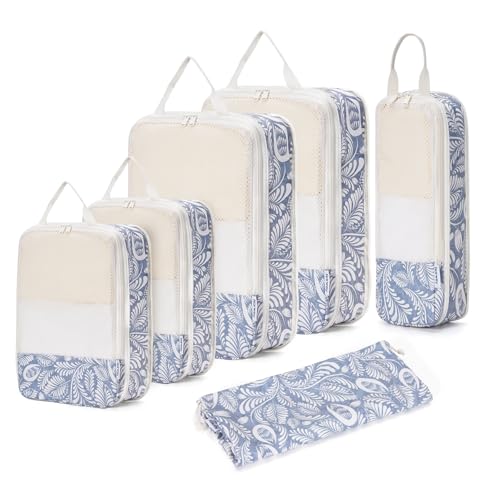 6 Set Compression Packing Cubes for Travel Women Men (Y-Blue Leaf)