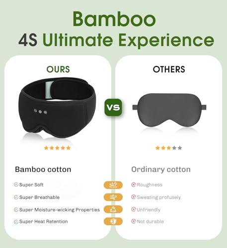 Bamboo Cotton Large Sleep Mask with Bluetooth Wireless Headphones (Dark Black)