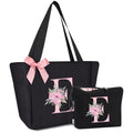 Tote Bag, A-Z Initial Monogrammed Waterproof Tote Bag, Bridesmaid Gifts for Women, Black and Pink (E, Black Set) (Black Set)