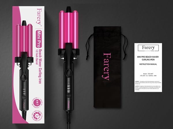 Farery Mini 3 Barrel Hair Waver - Portable Beach Wave Curling Iron for Short Hair, 1/2 Inch Ceramic Crimper with 3 Temp Settings & 30s Fast Heating, Dual Voltage Travel Hair Waver for Women, Pouch Bag