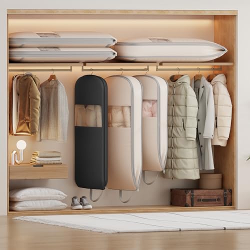 4 Pack 43" Compression Garment Bags for Hanging Clothes With Carry Handles and Window (Beige / 43" 4 Pack)