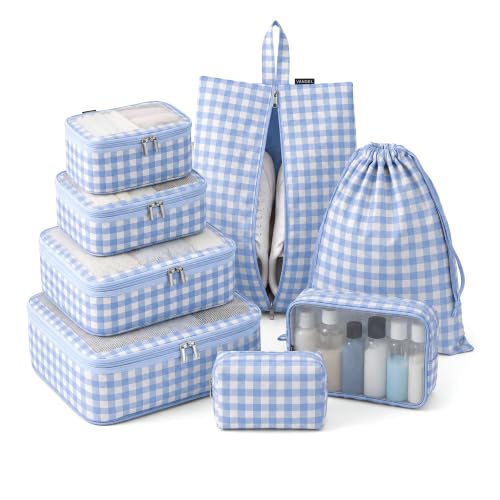 Compression Packing Cubes (1. Blue Gingham / 8 Pack (4 Cubes + 4 Travel Bags))